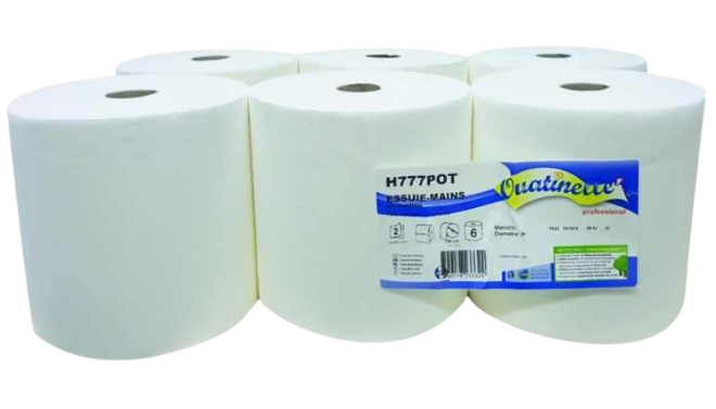 Essuie-mains continu 150m, 2 plis, blanc, laize 198mm, Ecolabel, gaufré collé, pure cellulose, par 6